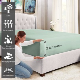 Pizuna 400 Cotton Fitted Sheet 130 x 200 - 140 x 200 cm Sea Foam, 100% Long Cotton Fitted Sheet, Soft Mako Satin Fabric for up to 40 cm Mattress Height (100% Cotton Bed Sheet)