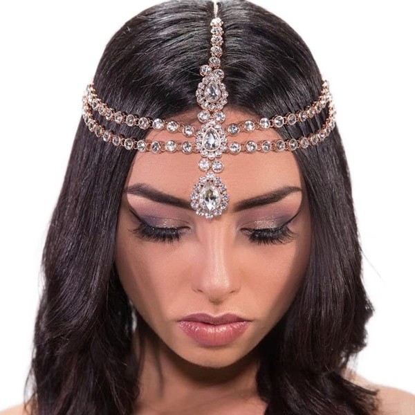 STONEFANS Boho Rhinestone Forehead Head Chain Headpiece Drop Crystal Wedding Bridal Layered Hair Chain Accessories for Women Girls (Gold)