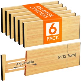 Lifewit 6 Pack 5" Deep Bamboo Drawer Dividers, 13-16.5" Expandable Drawer Organizers for Clothes, Adjustable Dresser Drawer Divider, Clothing Drawer Separators for Dresser, Bedroom, Bathroom, Kitchen