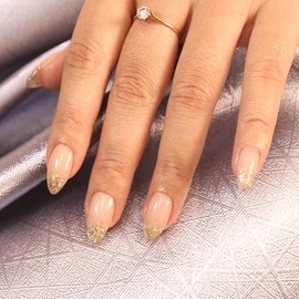 Sunruby Short Almond Press On False Nails Nude Pink Jelly, French Tips with Hidden Gold Glitter. Soft Gel 30 pcs in 15 sizes for a natural look. Perfect for a night out.Long-Lasting Nail Art. Hi-End