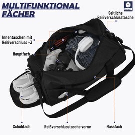 BECOJADDE Sports Bags for Men and Women, 35L Travel Duffel Bag, Overnight Bag with Shoe Compartment & Wet Compartment, Waterproof Carry On Bag for Sports, Gym, Swimming, black, Travel handbag