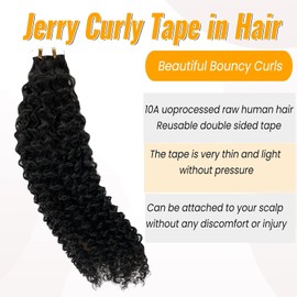 Curly Tape in Hair Extensions Human Hair Natrual Black for Women 20 pcs Jerry Curly 3C Tape ins 14 Inch 50G