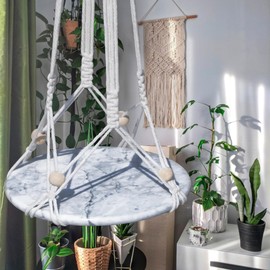 LUANT Handwoven Cotton Rope Plant Hanger with Natural Marble Base — Premium Indoor/Outdoor Macrame Basket, White