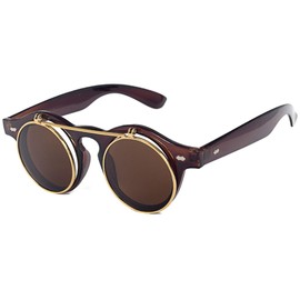 Kyiduo Retro Steampunk Round Circle Flip Up Sunglasses (Amber, clear)