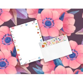 Friendly Fox Letter Paper Set "Flowers", DIN A4 Letter Paper Adult, 20 Sheets with 20 Envelopes, Printed on One Side