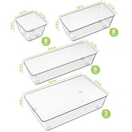 25 Piece Clear Drawer Organizer Set, 4 Sizes Bathroom Vanity Organizer Trays and Storage Bins for Makeup, Cosmetics, Jewelry, and Gadgets. Perfect for Office, Kitchen, Bedroom, Bathroom Use.