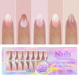 False Nails Tips Set - 150 Pieces Press On Nails French Medium Almond, White Pink Gradient Design Tips for Nails Soft Gel Full Cover Nails for Sticking Fingernails Fake Nails Tips 15 Sizes