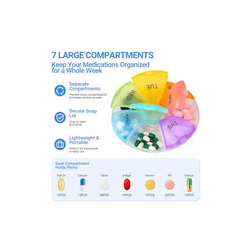 Portable Round Weekly Pill Box 7 Day Dosset Box, Multicolor