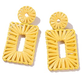 Statement Boho Drop Dangle Earrings - Geometric Handmade Straw Beach Earrings (Yellow)