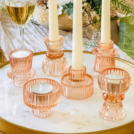 Kate Aspen Doube Sided Vintage Ribbed Rose Gold Pink Glass Candlestick Holders, Pillar Candle, Tealight & Votive Candle Holders (Set of 6, 3 Sizes), Dining Table Decor, Shelf Decor, Centerpiece