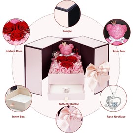 ELEUTH Rose Moss Bear Gifts for Mum, Real Eternal Rose Gift Box with Necklace, Preserved Rose Flower Box, Mother's Day Gift for Mum, Women, Wife, Girlfriend, Grandma, Valentine's Day, Anniversary,