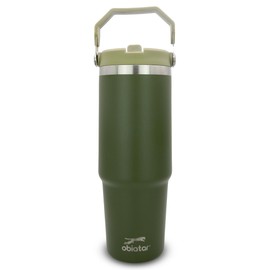 Obiatar - Vaso de 30 onzas con asa, vaso aislado con tapa y popote, botella de agua al aspiradora de acero inoxidable, taza de viaje, mantiene la bebida fría y caliente (oliva)