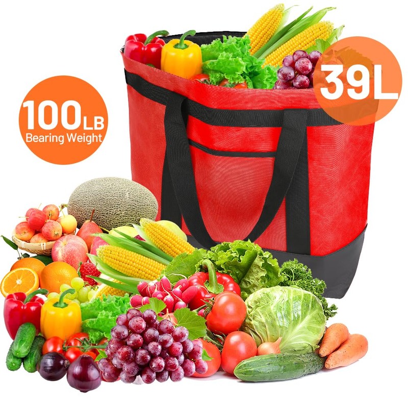 CIVJET Insulated Grocery Tote Bag, Red-black, L