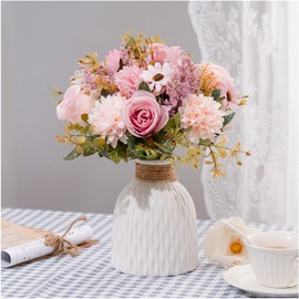 Fake Flowers in Vase, Artificial Pink Flowers in Vase for Decoration Faux FLowers in Vase Realistic Pink Fake FLowers with Vase for Home Decor Indoor Dining Table Centerpiece (Flowers and Vase)