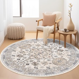 zesthome 4ft Round Rug - Ultra-Thin Washable Area Rugs for Bedroom, Entryway, Vintage Non Slip Low Pile Rugs for Living Room, Stain Resistant Home Decor Rug, Washable Front Door Mat