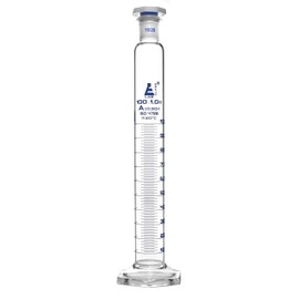 Measuring Cylinder, 100ml - Class Tolerance ±0.50ml - 19/26 Polypropylene Stopper - Hexagonal Base, Blue Graduations - Borosilicate Glass - Eisco Labs