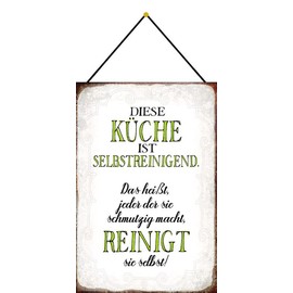 Metal Sign 20 x 30 cm with Cord "Diese Küche ist selbstreinigend" [German Language]