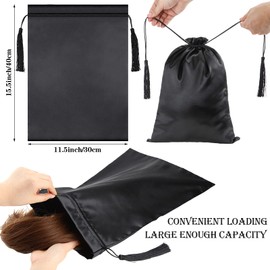 6 Pieces Satin Wig Bags Soft Silky Pouches with Drawstring Tassel Packaging Hair Extensions, Bundles, Wigs Bags Hair Tools Storage Bags for Home and Salon Use, Black