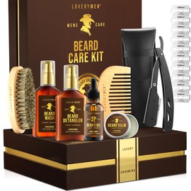 Christmas Gifts for Men - Beard Care Kit for Men, Sandalwood Mens Grooming Kit with Straight Edge Razor, Beard Oil, Balm, Wash, Detangler, Brush & More - 11pc Birthday Gift for Him, Dad, Boyfriend