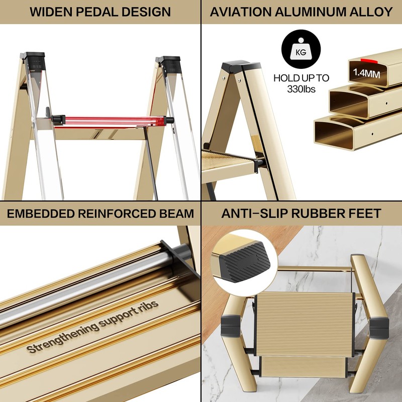 GameGem 2 Step Ladder, Aluminum Folding Step Stool with Anti-Slip