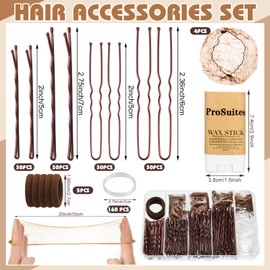 Hair Accessories Kit- 200 Brown Bobby Pins, 4 Hair Nets for Buns, Hair Wax Stick, 3 Slick Back Hair Brush and 105 Hair Bands for Women Girls Dance Competition Must Haves