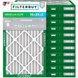 Filterbuy 16x25x2 Air Filter MERV 8 Essential Dust & Allergy Defense (12-Pack), Electrostatic Pleated HVAC AC Furnace Filters Replacement, Made in USA (Actual Size: 15.50 x 24.50 x 1.75)