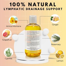 Lymphatic Massage Oil for Massage Therapy | 100% Natural Lymphatic Drainage Oil | Premium Quality with Arnica, Lemon & Ginger Oil | for Post Surgery Recovery & Detox | 8oz by