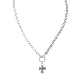 Delight Jewelry Silvertone Scroll Cross with Antiqued Decoration Stronger Braver Smarter Mixed Cable and Imitation Pearl Chain Choker Necklace, 14.75-17"