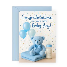 CENTRAL 23 New Baby Boy Congratulations Card – Blue Teddy Bear with Balloons – Cute Greeting Card for New Parents, Him, Grandson, Nephew – Baby Shower – Comes with Stickers