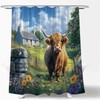 Farmhouse Cow Shower Curtain Brown Highland Cow Stone House Cattle