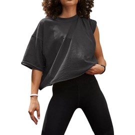 UEU Women's Cozy Basic Workout Gym Athletic Short Sleeve Crop Tops Summer Casual Loose Oversized T-Shirts Dark Gray