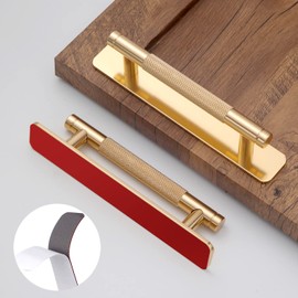12 Pack 5 Inch 128 mm Self-adhesive Gold Barrel Knurled Cabinet Handles with Base Plate Aluminum Cabinet Pulls for Drawer Sliding Door Charcuterie Board Gold Drawer Handles Drill&Punch Free