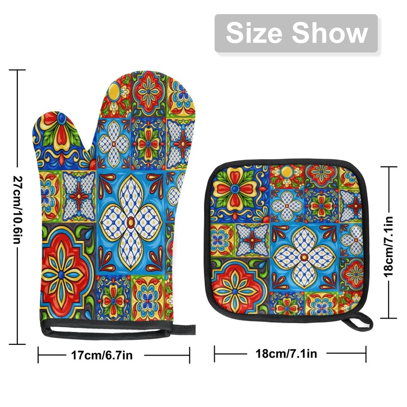 Oven Mitts and Pot Holders Sets of 2,Mexican Talavera Flower