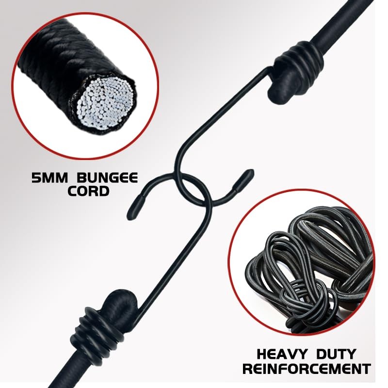 Premium Quality Rubber Rope with Hooks 24in, Super Strong Black