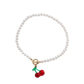 A-yeite Cute Cherry Pendant Necklaces Cherry Charms Y2K Kawaii Fruit Necklace Imitation Pearl Beaded Chain Choker for Women Christmas Birthday Party Jewelry Gifts-Style 1