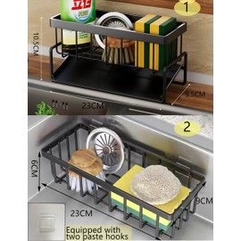 HanYun 2 PackKitchen Sink Caddy, Metal Sink Tidy Kitchen Sink Organizer, Plastics Kitchen Soap Dish Tray, Sink Tidy Kitchen Sink Organizer with Self Draining Tray for Kitchen Accessories (Black)