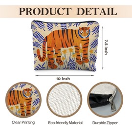 Likjad Orange Tiger Makeup Bag, Boho Floral Tiger Cosmetic Bags for Women, Tigers Lover Gifts Makeup Pouch, Trendy Boho Botanical Animal Zipper Pouch