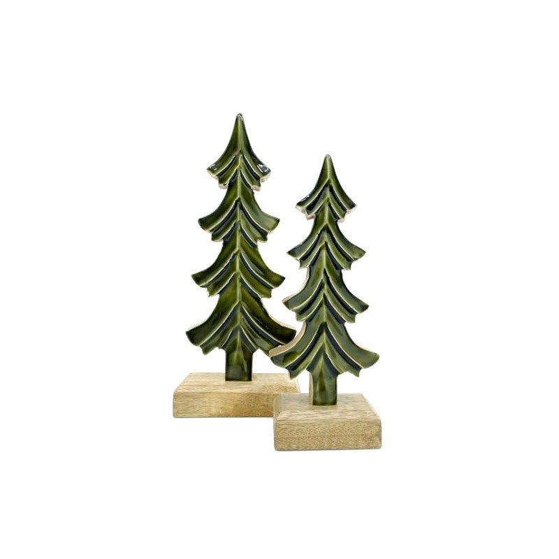 Wood Tree Decor - Set of 2 Green Glazed Wooden