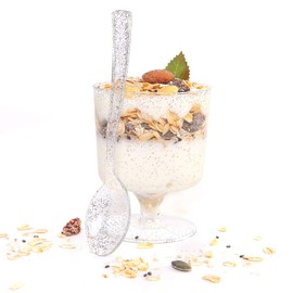 WDF 96PACK 7oz Silver Glitter Medium Large Plastic Dessert Cups With Spoons-48 Disposable Appetizer Cups |Wine Goblet Glasses & 48 Silver Glitter Tasting Spoons