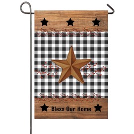 Bless Our Home Garden Flag 12×18 Inch Small Vertical Double Sided Red Red Berry Branches Country Barn Star Buffalo Plaid Garden Flags For All Seasons Outdoor Yard Decor