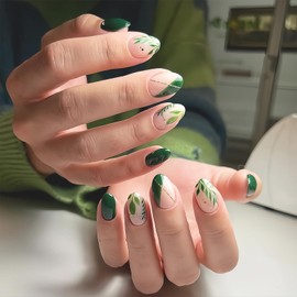 Green French Tip Press on Nails Medium Almond Fake Nails St. Patrick's Day False Nails with Leaf Designs Glossy Stick on Nails Acrylic Artificial Nails for Women Girls Nail Art Decorations 24Pcs
