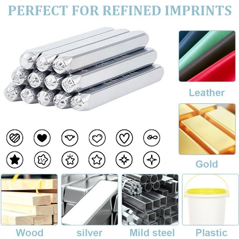BENECREAT 12pcs 3mm Metal Stamp Punch Set, Heart Star Pattern