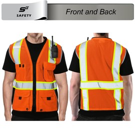 Class 2 Hi Vis Safety Vest for Men, High Visibility Vest with 10 Pockets and Zipper, Working Vest with Reflective Strips, Meets ANSI/ISEA Standards Orange 5XL