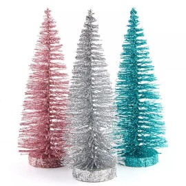 Unbranded Set of 3 Pink, Blue and Silver 10" Glittered Bottle Brush Trees