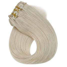Full Shine Clip in Human Hair Blonde Natural Hair 12 Inch Real Human Hair Double Weft Remy Hair Color 1000 White Blonde Clip ins 80 Gram 7 Pcs Clips in Hair Extensions