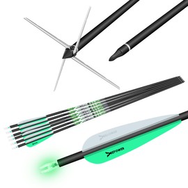 DEEPOWER 30" Hunting Carbon Archery Arrows with 6 Pack Turkey Broadheads 125/150 gr & Lighted Nocks for Compound Bow and Recurve Bow 300/350/400 Spine