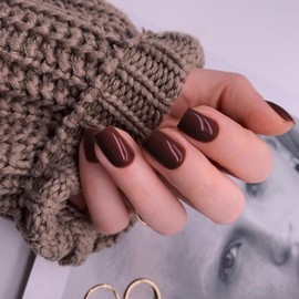 Dark Brown Press on Nails Short Medium Square Glue on Nails Set,KQueenest Solid Deep Color Fake Nails Short Coffin Acrylic Nails Press on Gel Nails for Women Winter Reusable False Nails in 24 Pcs