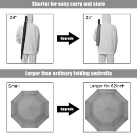 G4Free 62 Inch Portable Golf Umbrella Large Oversize Double Canopy Vented Windproof Waterproof Auto Open Folding Umbrellas(Gray)