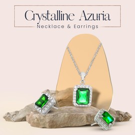 Crystalline Azuria Set with Green Simulated Emerald Zirconia Crystals Pendant Necklace 18 inches Stud Earrings 18K White Gold Plated for Women