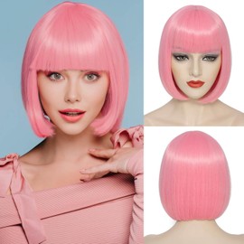 BECUS Short Pink Bob Wigs for Women Light Pink Wig with Bangs Synthetic Hair Straight Pink Bob Wig for Daily Party Cosplay